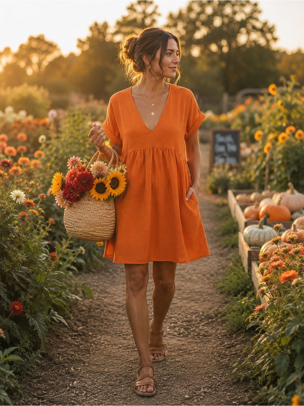 GeeGee Isn’t That Sweet Crinkle Babydoll Mini Dress | Orange | Medium | Pockets